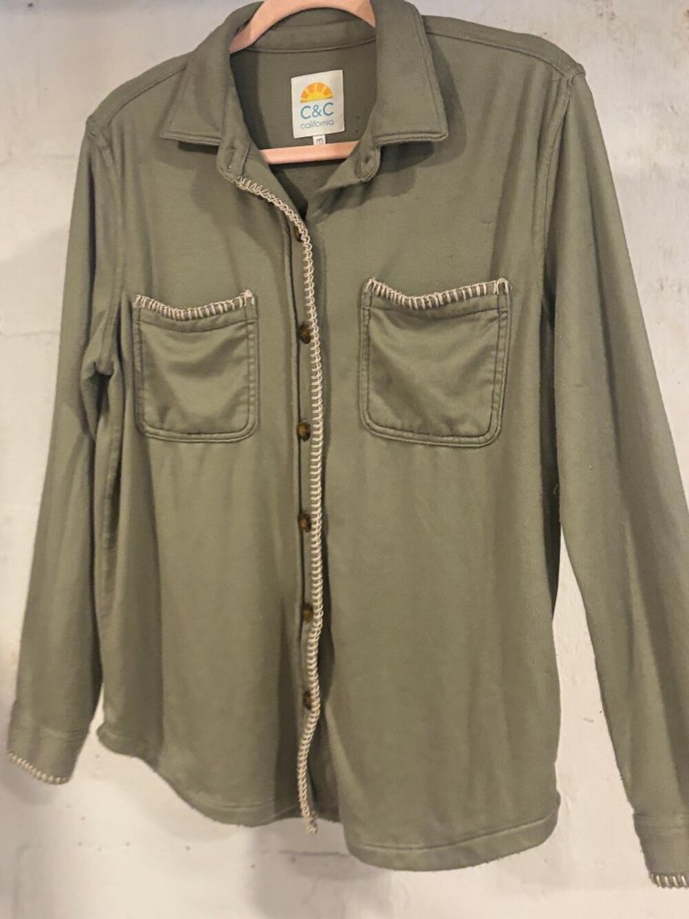 C&C California Olive Green Handstitched Collared Button Down Shirt - M, NWOT